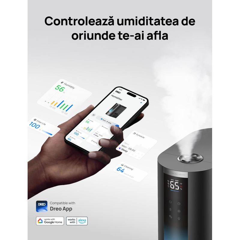Electronice si Electrocasnice - Climatizare si sisteme de incalzire - Aparate filtrare aer - Umidificatoare - Umidificator aer Dreo DR-HHM010S Smart,4l,250ml/h,3 trepte umidificare, Senzor de Umiditate, Mod Auto,Aromaterapie,Negru - Infinity.ro