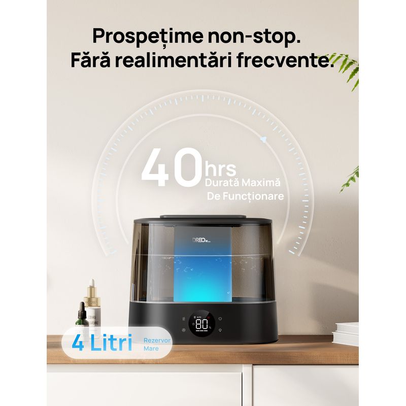 Electronice si Electrocasnice - Climatizare si sisteme de incalzire - Aparate filtrare aer - Umidificatoare - Umidificator aer Dreo DR-HHM010S Smart,4l,250ml/h,3 trepte umidificare, Senzor de Umiditate, Mod Auto,Aromaterapie,Negru - Infinity.ro