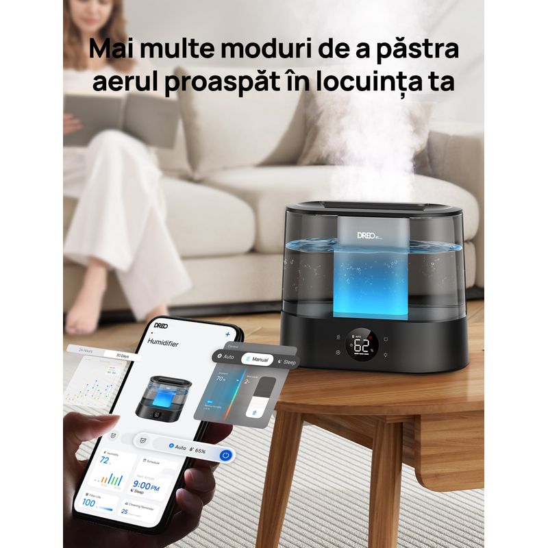 Electronice si Electrocasnice - Climatizare si sisteme de incalzire - Aparate filtrare aer - Umidificatoare - Umidificator aer Dreo DR-HHM010S Smart,4l,250ml/h,3 trepte umidificare, Senzor de Umiditate, Mod Auto,Aromaterapie,Negru - Infinity.ro