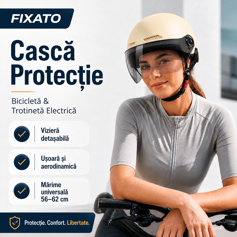 Sport si Outdoor - Echipament Sportiv - Accesorii echipament sportiv - Casti de protectie - Casca protectie bicicleta/trotineta electrica, Unisex, cu viziera detasabila, usoara, marime universala 56-62 cm, Crem - Infinity.ro