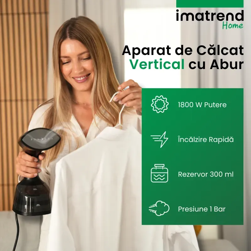 Electronice si Electrocasnice - Ingrijirea tesaturilor - Aparate de calcat cu aburi - Aparat de Calcat Vertical Portabil cu Aburi IMA Trend 1800W, Rezervor 300ml, Incalzire Rapida 30s - Infinity.ro