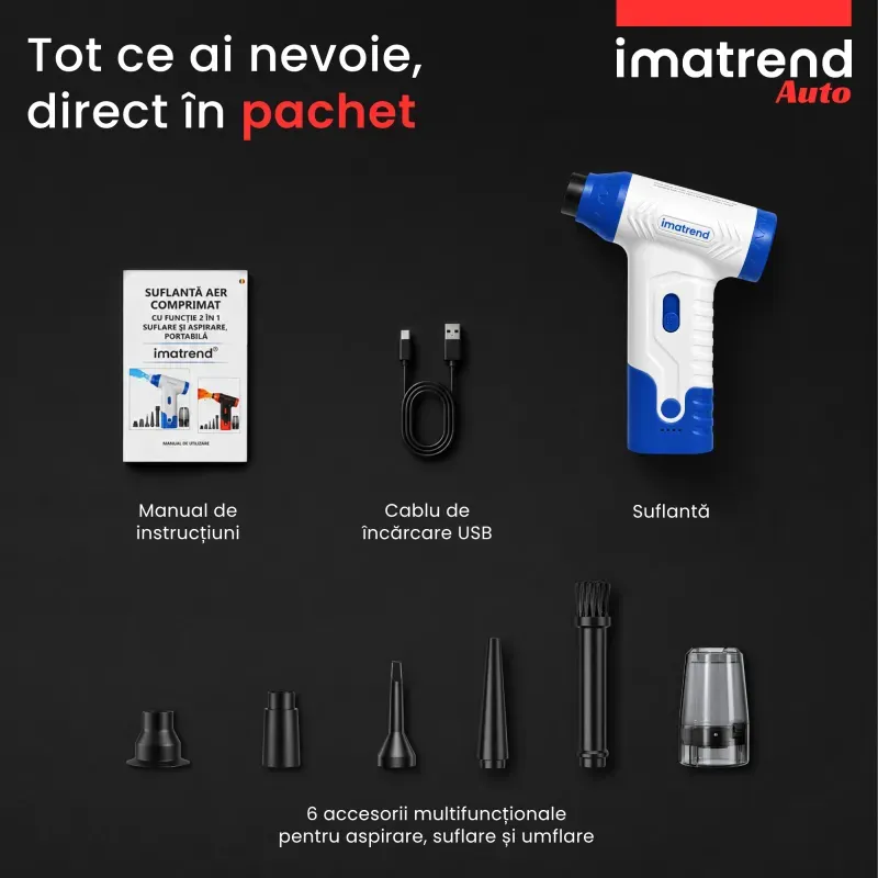 Casa si Gradina - Gradinarit si plante - Utilaje gradina - Aspiratoare, suflante si tocatoare - Suflanta Aer Portabila IMA Trend Blower, Aspirator, Turbo Fan, 140000 RPM, 4 Trepte, 5000mAh, USB-C, Albastru - Infinity.ro