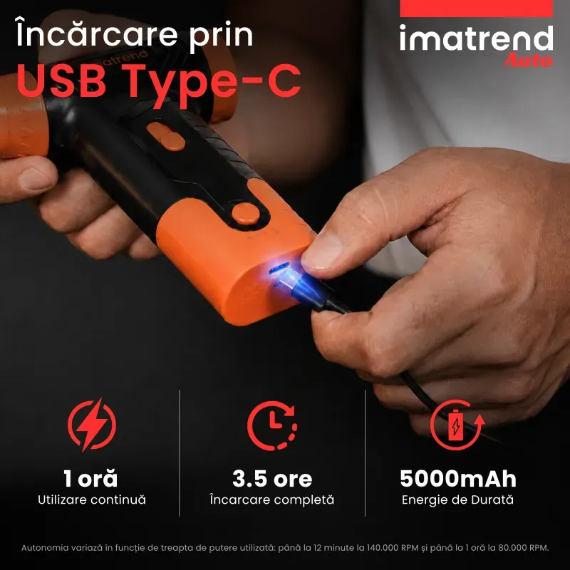 Casa si Gradina - Gradinarit si plante - Utilaje gradina - Aspiratoare, suflante si tocatoare - Suflanta Aer Portabila IMA Trend Blower, Aspirator, Turbo Fan, 140000 RPM, 4 Trepte, 5000mAh, USB-C, Portocaliu - Infinity.ro