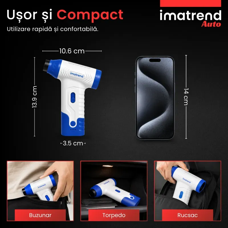 Casa si Gradina - Gradinarit si plante - Utilaje gradina - Aspiratoare, suflante si tocatoare - Suflanta Aer Portabila IMA Trend Blower, Aspirator, Turbo Fan, 140000 RPM, 4 Trepte, 5000mAh, USB-C, Albastru - Infinity.ro