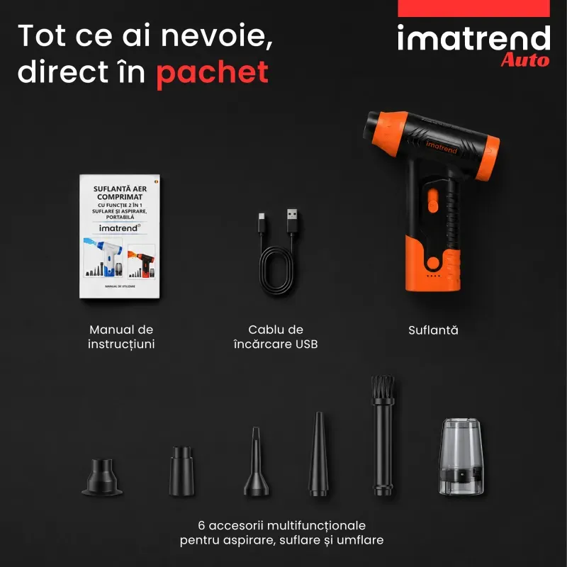Casa si Gradina - Gradinarit si plante - Utilaje gradina - Aspiratoare, suflante si tocatoare - Suflanta Aer Portabila IMA Trend Blower, Aspirator, Turbo Fan, 140000 RPM, 4 Trepte, 5000mAh, USB-C, Portocaliu - Infinity.ro