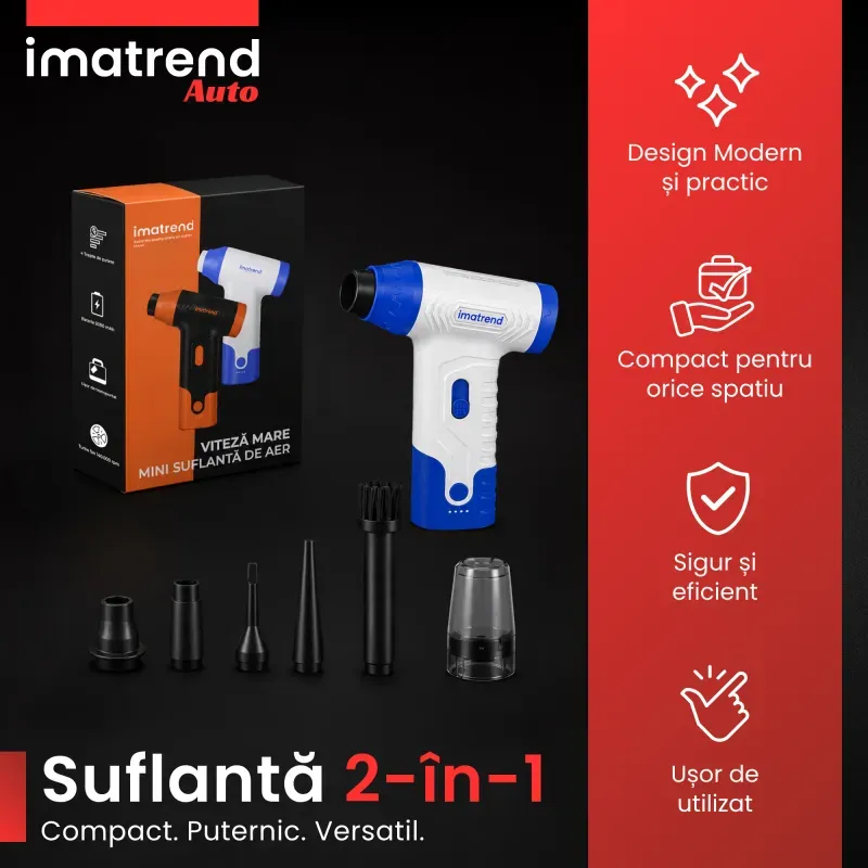 Casa si Gradina - Gradinarit si plante - Utilaje gradina - Aspiratoare, suflante si tocatoare - Suflanta Aer Portabila IMA Trend Blower, Aspirator, Turbo Fan, 140000 RPM, 4 Trepte, 5000mAh, USB-C, Albastru - Infinity.ro