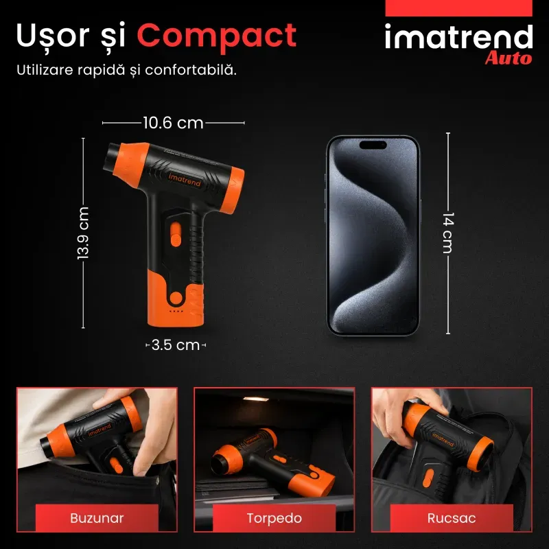 Casa si Gradina - Gradinarit si plante - Utilaje gradina - Aspiratoare, suflante si tocatoare - Suflanta Aer Portabila IMA Trend Blower, Aspirator, Turbo Fan, 140000 RPM, 4 Trepte, 5000mAh, USB-C, Portocaliu - Infinity.ro
