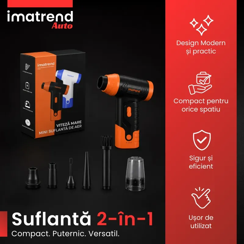 Casa si Gradina - Gradinarit si plante - Utilaje gradina - Aspiratoare, suflante si tocatoare - Suflanta Aer Portabila IMA Trend Blower, Aspirator, Turbo Fan, 140000 RPM, 4 Trepte, 5000mAh, USB-C, Portocaliu - Infinity.ro