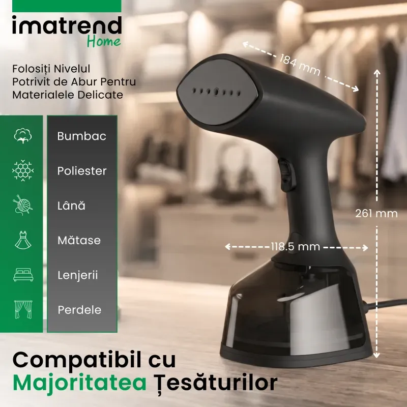 Electronice si Electrocasnice - Ingrijirea tesaturilor - Aparate de calcat cu aburi - Aparat de Calcat Vertical Portabil cu Aburi IMA Trend 1800W, Rezervor 300ml, Incalzire Rapida 30s - Infinity.ro
