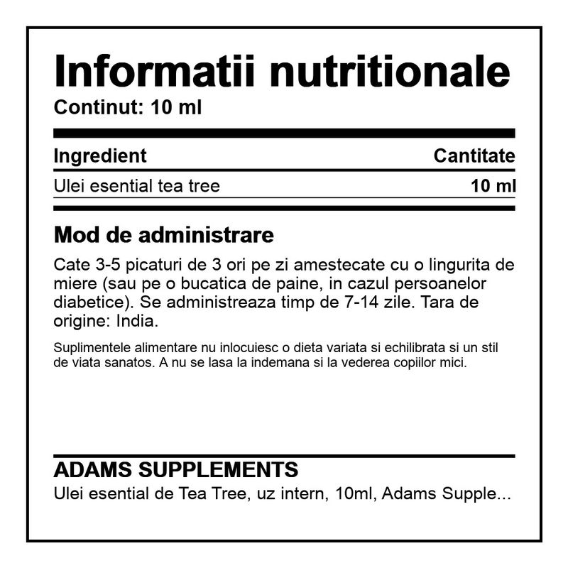 Ingrijire personala si Cosmetice - Sanatate si wellness - Suplimente alimentare - Alte suplimente alimentare - Ulei esential de Tea Tree, uz intern, 10ml, Adams Supplements - Infinity.ro