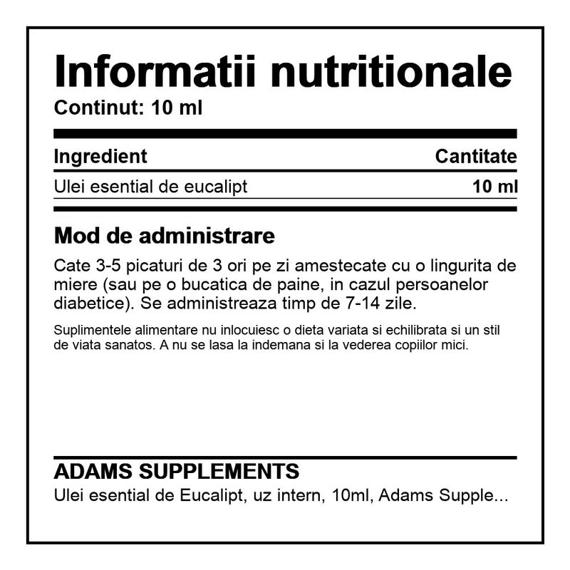 Ingrijire personala si Cosmetice - Sanatate si wellness - Suplimente alimentare - Alte suplimente alimentare - Ulei esential de Eucalipt, uz intern, 10ml, Adams Supplements - Infinity.ro