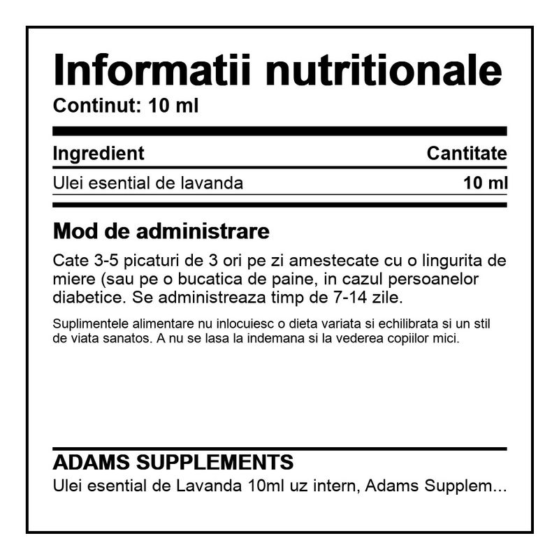 Ingrijire personala si Cosmetice - Sanatate si wellness - Suplimente alimentare - Alte suplimente alimentare - Ulei esential de Lavanda 10ml uz intern, Adams Supplements - Infinity.ro