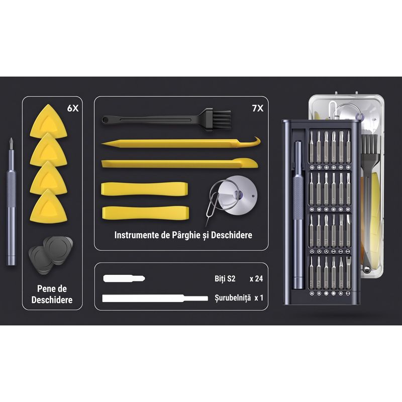Casa si Gradina - Constructii - Scule de mana si unelte - Surubelnite - Set Surubelnite Precizie Magnetice AXTH 25 in 1PRO, Biti Otel S2 Duritate HRC65+, 24 Biti, Negru - Infinity.ro