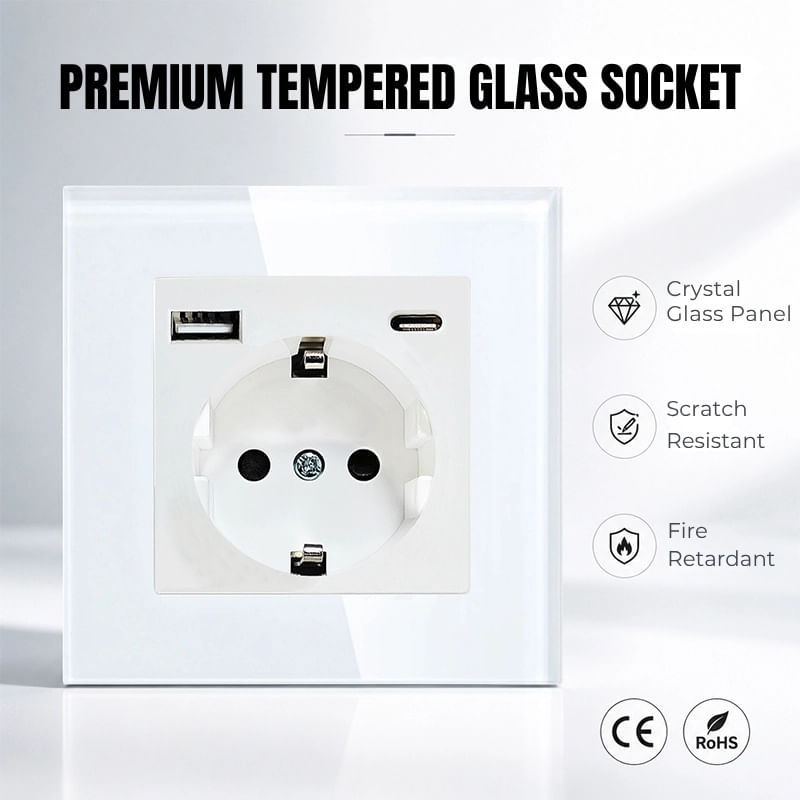 Casa si Gradina - Electrice - Prize - Priza rama sticla securizata, porturi USB-A si USB-C, iUni UC2, 16A - Infinity.ro