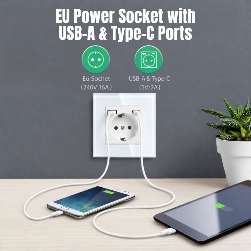 Casa si Gradina - Electrice - Prize - Priza rama sticla securizata, porturi USB-A si USB-C, iUni UC2, 16A - Infinity.ro