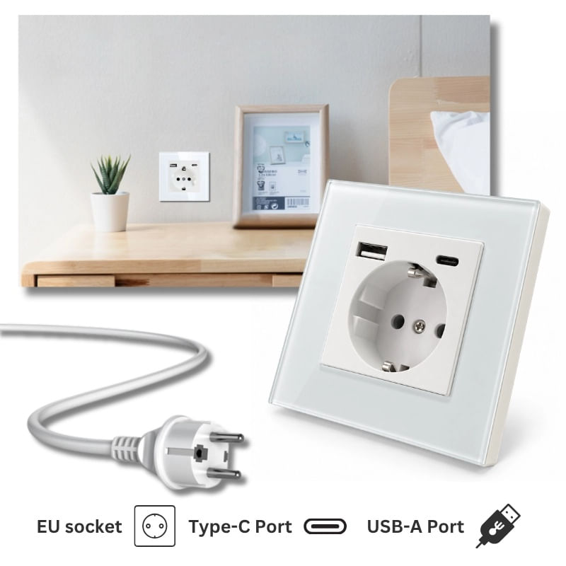 Casa si Gradina - Electrice - Prize - Priza rama sticla securizata, porturi USB-A si USB-C, iUni UC2, 16A - Infinity.ro