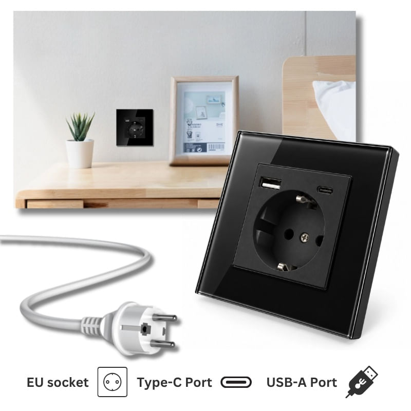 Casa si Gradina - Electrice - Prize - Priza rama sticla securizata, porturi USB-A si USB-C, iUni UC2, 16A, Black - Infinity.ro