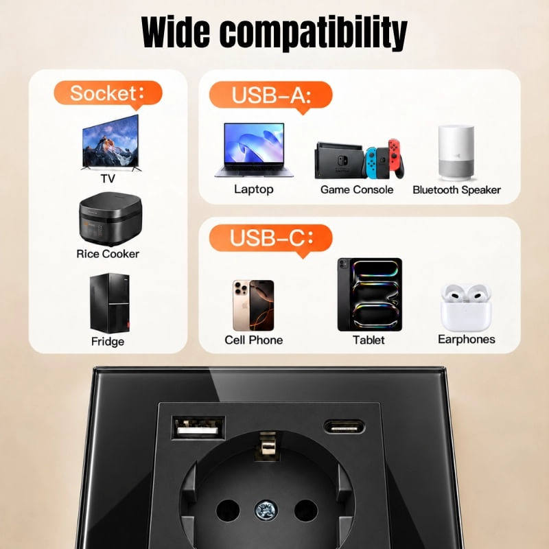 Casa si Gradina - Electrice - Prize - Priza rama sticla securizata, porturi USB-A si USB-C, iUni UC2, 16A, Black - Infinity.ro