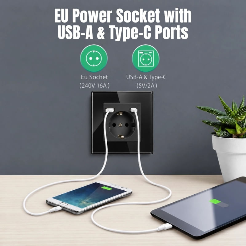 Casa si Gradina - Electrice - Prize - Priza rama sticla securizata, porturi USB-A si USB-C, iUni UC2, 16A, Black - Infinity.ro