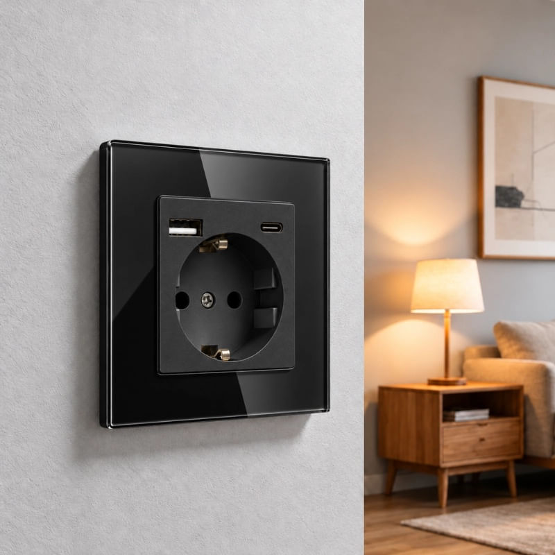 Casa si Gradina - Electrice - Prize - Priza rama sticla securizata, porturi USB-A si USB-C, iUni UC2, 16A, Black - Infinity.ro