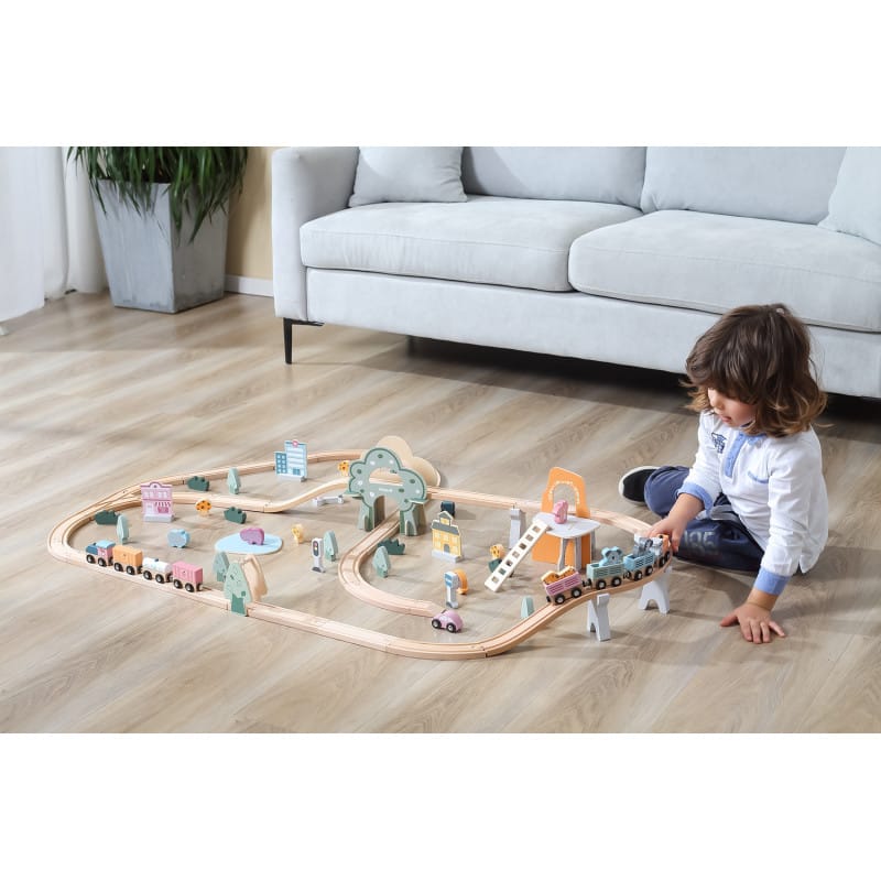 Jucarii, Copii si Bebe - Jucarii si jocuri - Vehicule si jucarii cu telecomanda - Trenulete de jucarie - Trenulet set Viga PolarB, din lemn cu 90 piese, multicolor KID440670 - Infinity.ro