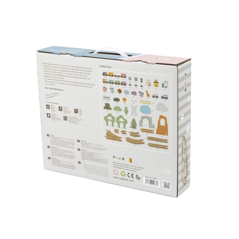 Jucarii, Copii si Bebe - Jucarii si jocuri - Vehicule si jucarii cu telecomanda - Trenulete de jucarie - Trenulet set Viga PolarB, din lemn cu 90 piese, multicolor KID440670 - Infinity.ro
