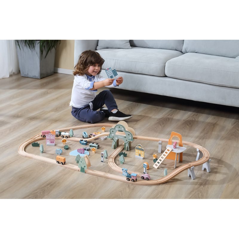 Jucarii, Copii si Bebe - Jucarii si jocuri - Vehicule si jucarii cu telecomanda - Trenulete de jucarie - Trenulet set Viga PolarB, din lemn cu 90 piese, multicolor KID440670 - Infinity.ro