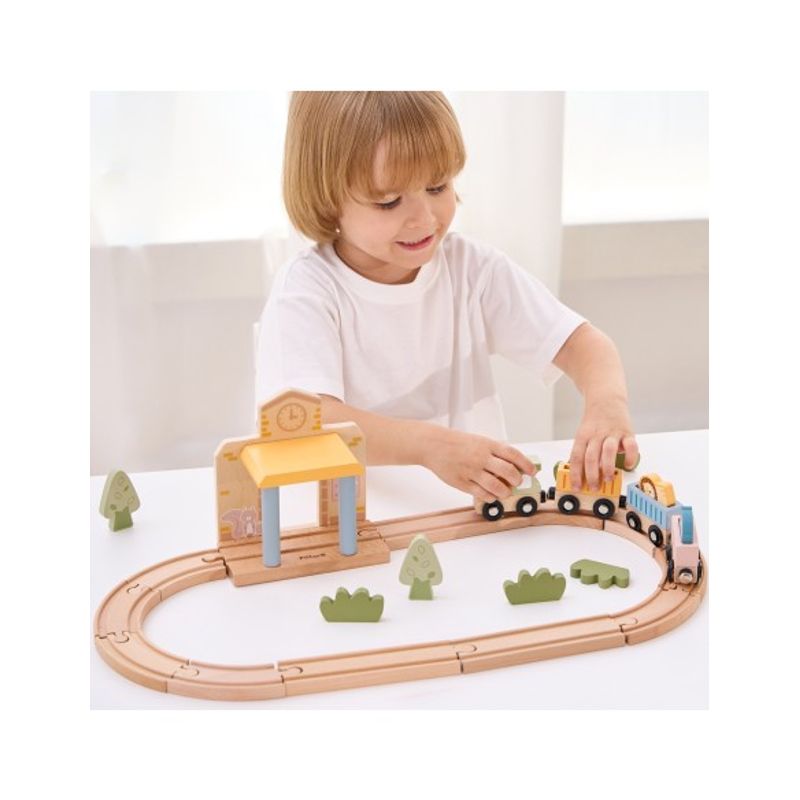 Jucarii, Copii si Bebe - Jucarii si jocuri - Vehicule si jucarii cu telecomanda - Trenulete de jucarie - Set trenulet Viga PolarB, din lemn, 30 piese, multicolor KID42575 - Infinity.ro