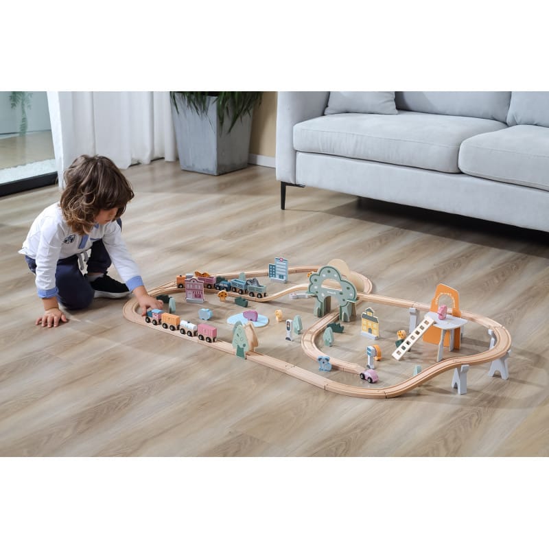 Jucarii, Copii si Bebe - Jucarii si jocuri - Vehicule si jucarii cu telecomanda - Trenulete de jucarie - Trenulet set Viga PolarB, din lemn cu 90 piese, multicolor KID440670 - Infinity.ro