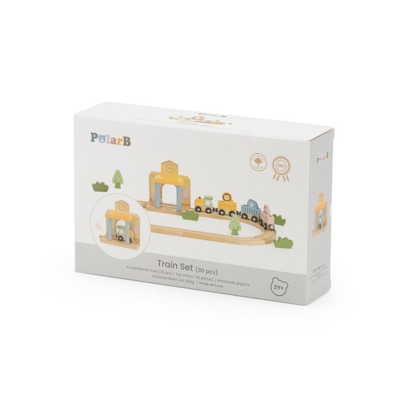 Jucarii, Copii si Bebe - Jucarii si jocuri - Vehicule si jucarii cu telecomanda - Trenulete de jucarie - Set trenulet Viga PolarB, din lemn, 30 piese, multicolor KID42575 - Infinity.ro