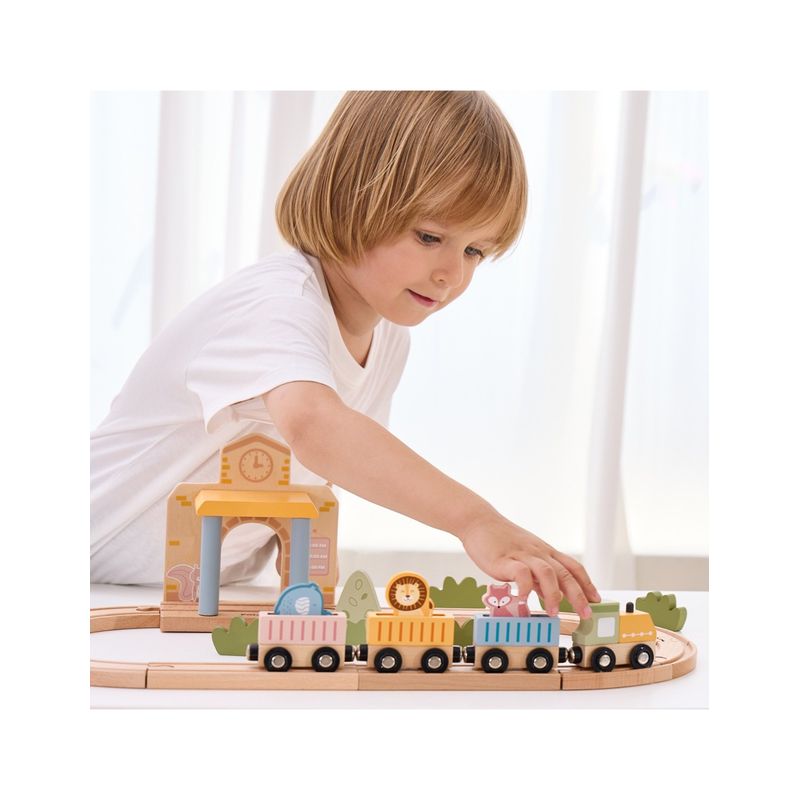 Jucarii, Copii si Bebe - Jucarii si jocuri - Vehicule si jucarii cu telecomanda - Trenulete de jucarie - Set trenulet Viga PolarB, din lemn, 30 piese, multicolor KID42575 - Infinity.ro