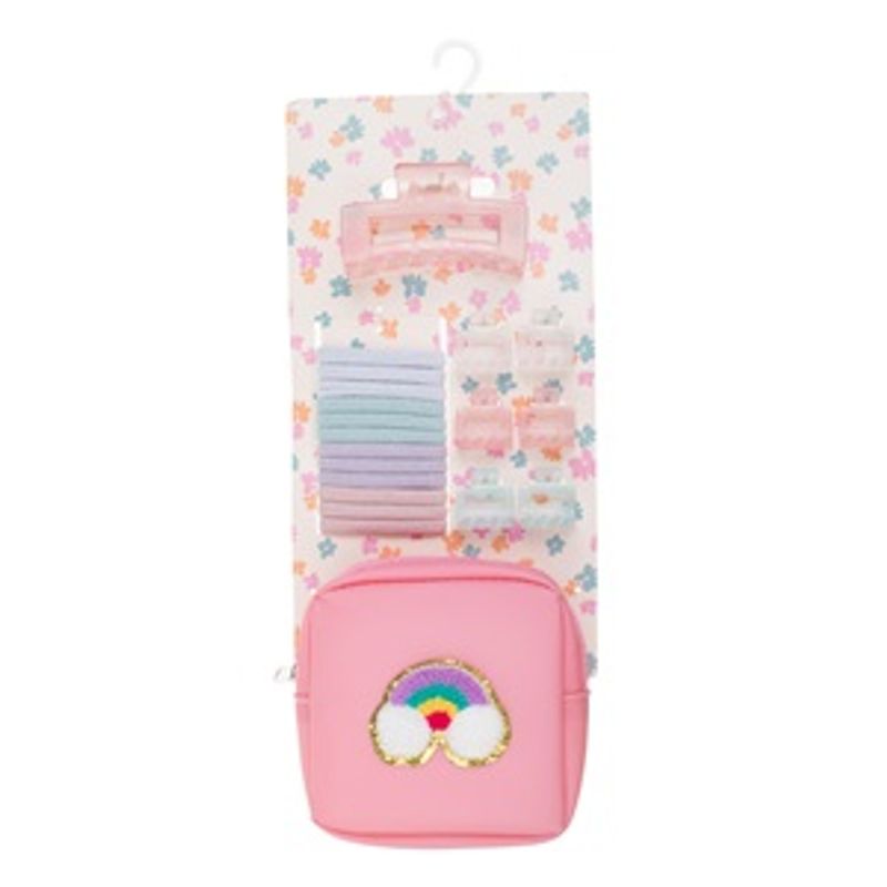 Fashion, accesorii si bijuterii - Copii - Accesorii copii - Accesorii pentru par copii - Set accesorii par pentru copii, Poseta roz cu model 3D curcubeu, 7 clame si 12 elastice par - Infinity.ro