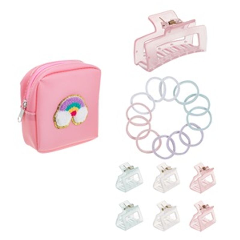 Fashion, accesorii si bijuterii - Copii - Accesorii copii - Accesorii pentru par copii - Set accesorii par pentru copii, Poseta roz cu model 3D curcubeu, 7 clame si 12 elastice par - Infinity.ro