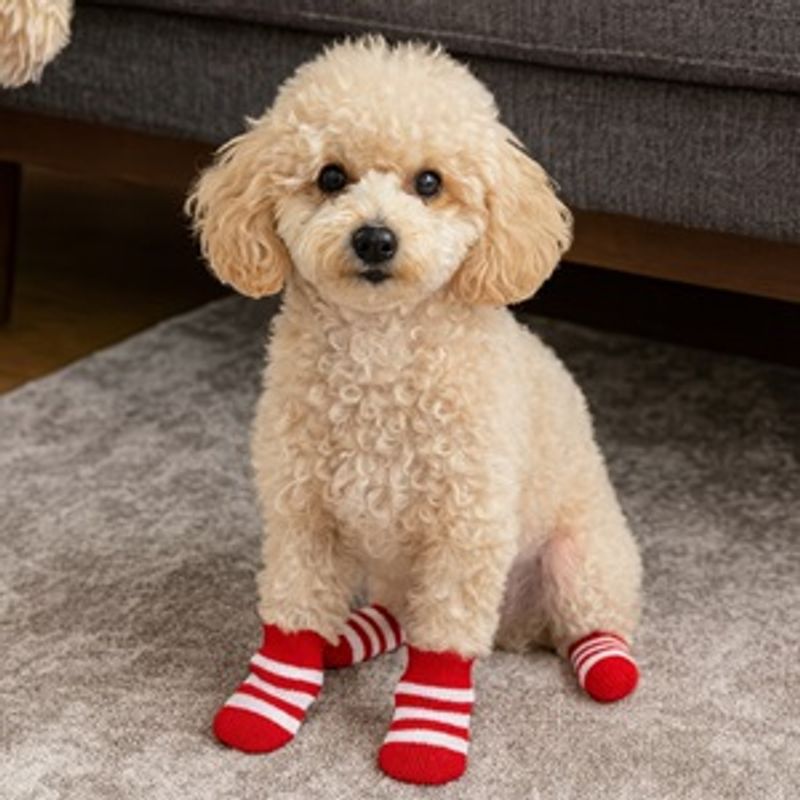 Petshop - Articole imbracaminte - Haine animale - Sosete pentru caini, 4 buc, Dungi rosii-albe, Talpa antialunecare - Infinity.ro