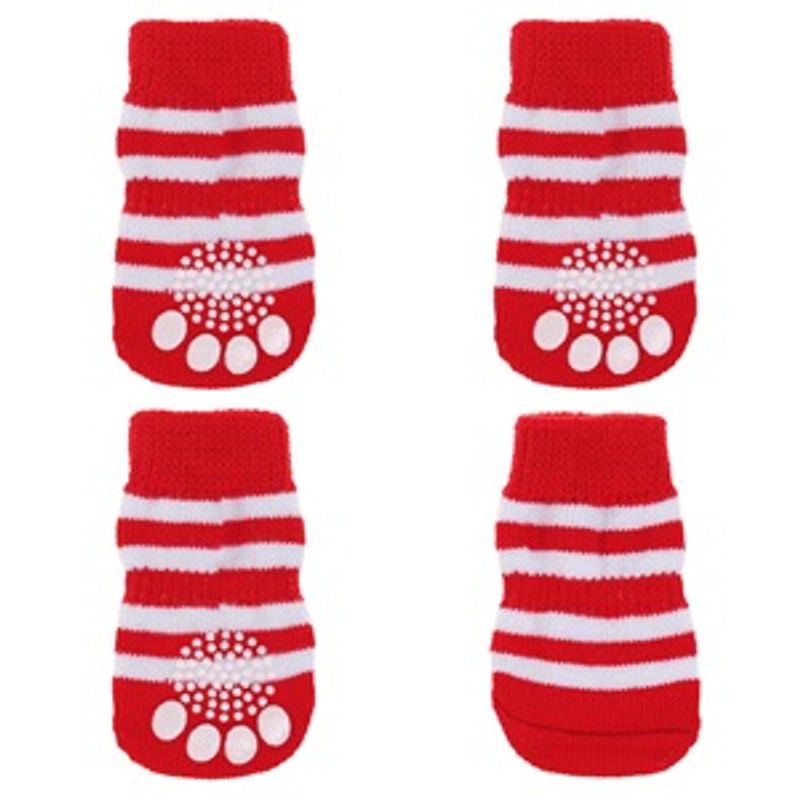 Petshop - Articole imbracaminte - Haine animale - Sosete pentru caini, 4 buc, Dungi rosii-albe, Talpa antialunecare - Infinity.ro