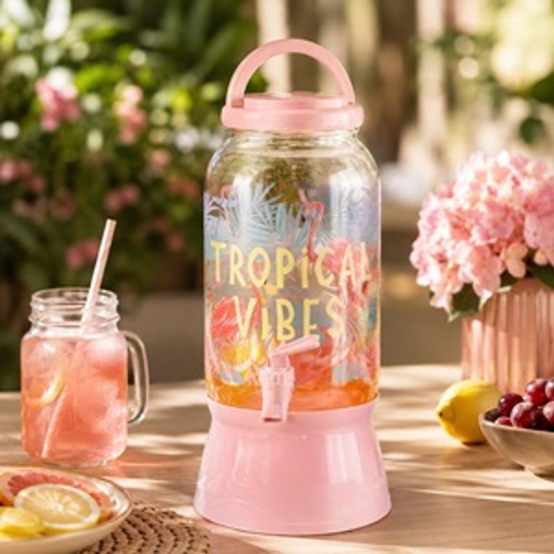 Casa si Gradina - Bucatarie si vesela - Cani si pahare - Sticle - Recipient cu robinet si suport flamingo, 3,7 L, plastic transparent si roz - Infinity.ro
