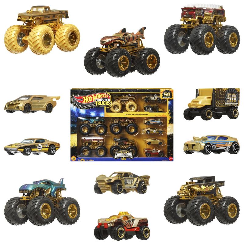 Jucarii, Copii si Bebe - Jucarii si jocuri - Vehicule si jucarii cu telecomanda - Masinute - Hot Wheels Monster Truck 50 Bigfoot Set 11 Vehicule Trophy Champions - Infinity.ro