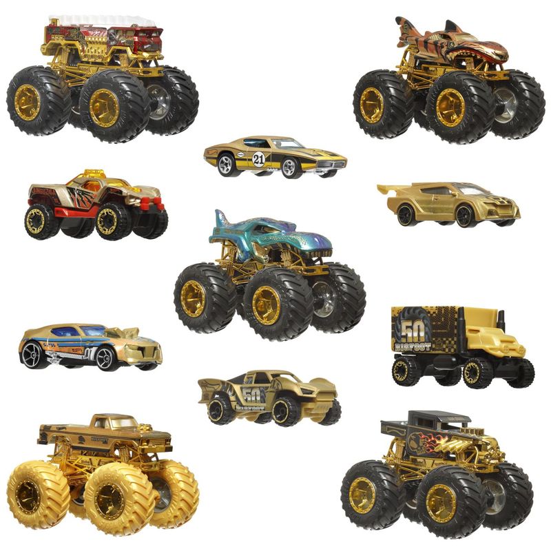 Jucarii, Copii si Bebe - Jucarii si jocuri - Vehicule si jucarii cu telecomanda - Masinute - Hot Wheels Monster Truck 50 Bigfoot Set 11 Vehicule Trophy Champions - Infinity.ro
