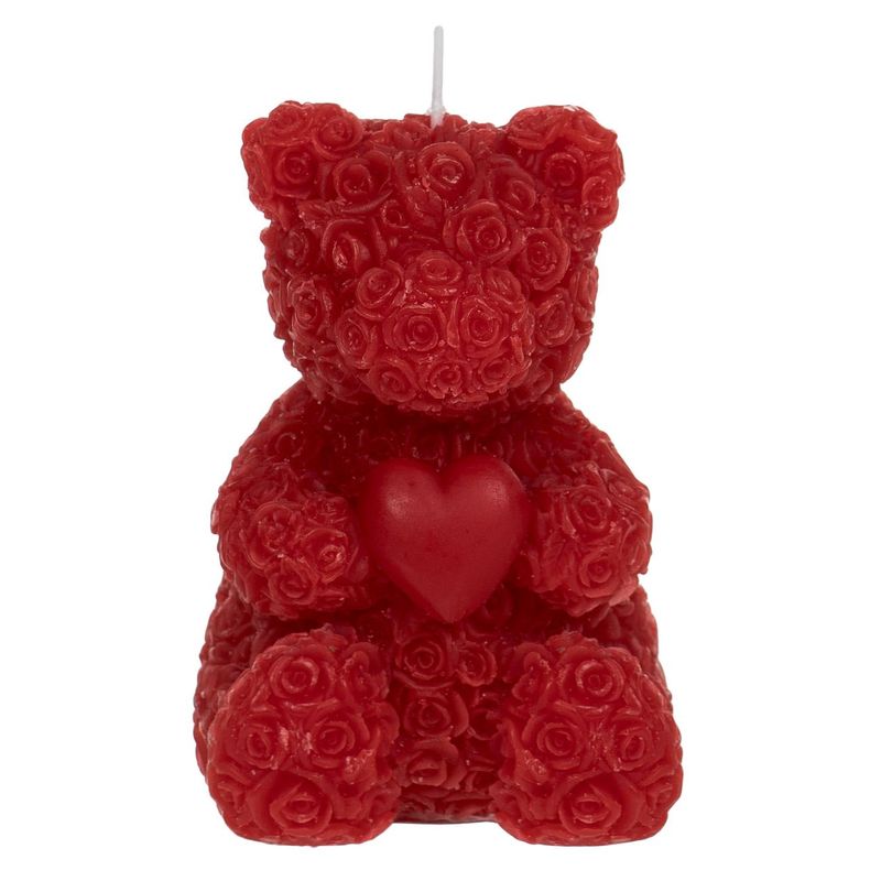 Casa si Gradina - Decoratiuni - Aromaterapie si lumanari - Lumanari si candele - Lumanare decorativa 3D in forma de ursulet cu inima si trandafiri, rosie, 6x8x10,5 cm - Infinity.ro