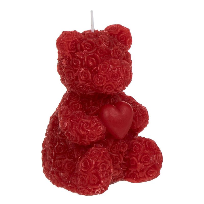 Casa si Gradina - Decoratiuni - Aromaterapie si lumanari - Lumanari si candele - Lumanare decorativa 3D in forma de ursulet cu inima si trandafiri, rosie, 6x8x10,5 cm - Infinity.ro