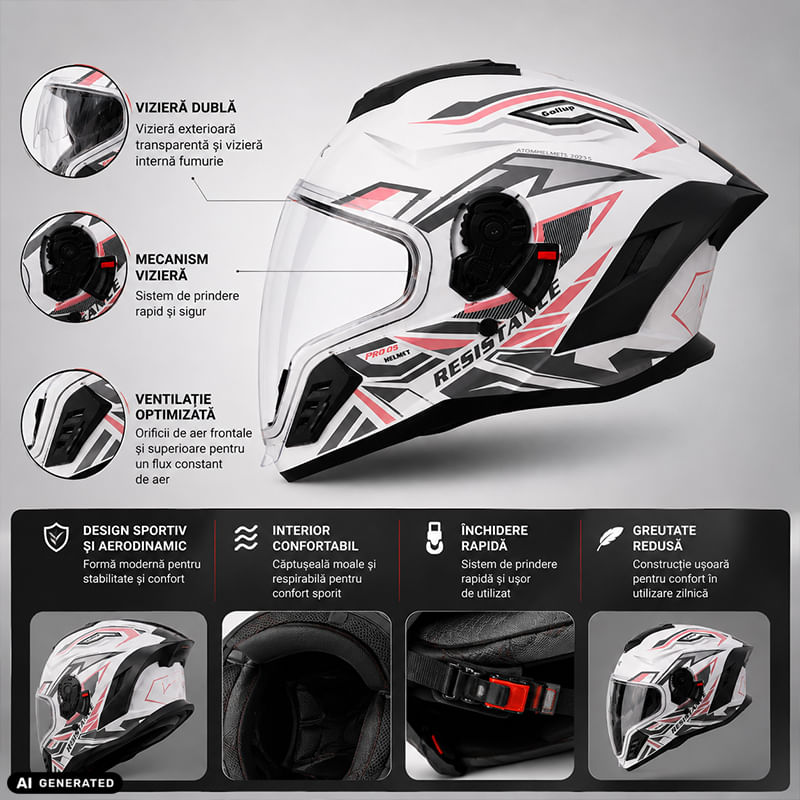 Auto si Moto - Moto - Echipamente protectie moto - Casti moto - Casca Moto/Scuter Integrala FIXATO Raptor, Protectie UV, Viziera Dubla, Design Sportiv, Alb cu Roz, L 59-60cm - Infinity.ro