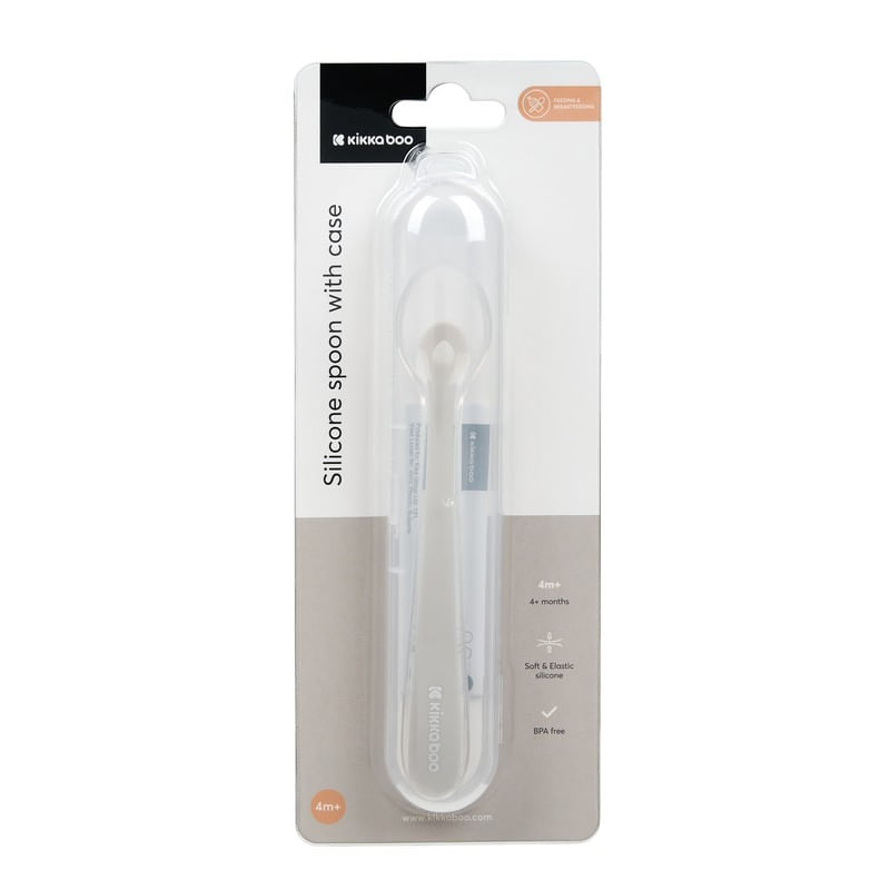 Jucarii, Copii si Bebe - Hrana si alaptare - Biberoane, suzete si accesorii hranire - Articole hranire bebelusi - Lingurita din silicon lichid, ultra-moale si delicata cu gingiile, cu carcasa, 4 luni+, Sand - Infinity.ro