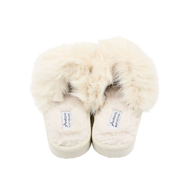 Fashion, accesorii si bijuterii - Femei - Incaltaminte femei - Slapi si papuci femei - Papuci de casa pufosi dama Antonio, crem, confort premium, poliester + talpa EVA, 38-39 EU - Infinity.ro