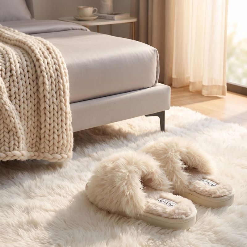 Fashion, accesorii si bijuterii - Femei - Incaltaminte femei - Slapi si papuci femei - Papuci de casa pufosi dama Antonio, crem, confort premium, poliester + talpa EVA, 38-39 EU - Infinity.ro