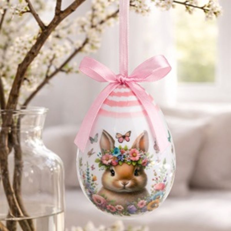 Casa si Gradina - Decoratiuni - Decoratiuni de sezon - Decoratiune Ou din Spuma, 10 cm, Alb, cu Model Floral si Iepuras - Infinity.ro