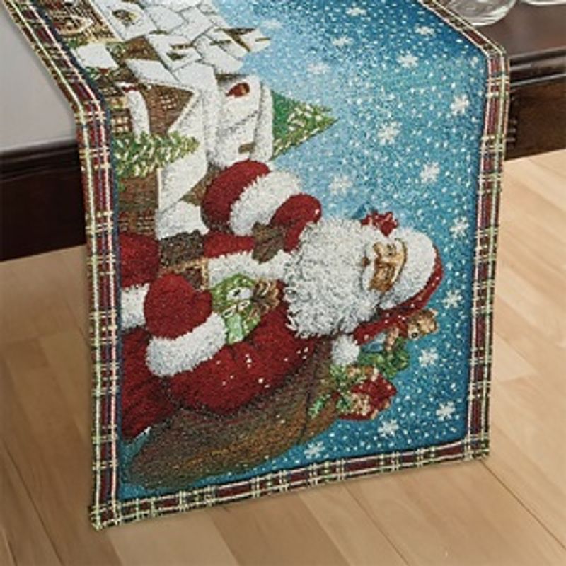 Casa si Gradina - Textile si covoare - Textile bucatarie - Fete de masa - Runner Decorativ de Craciun Tapiserie Albastru Rosu cu Mos Craciun - Infinity.ro