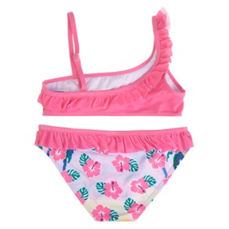 Fashion, accesorii si bijuterii - Copii - Lenjerie si pijamale copii - Costume de baie copii - Costum de baie cu volan pentru copii, roz, cu imprimeu Stitch si flori - Infinity.ro