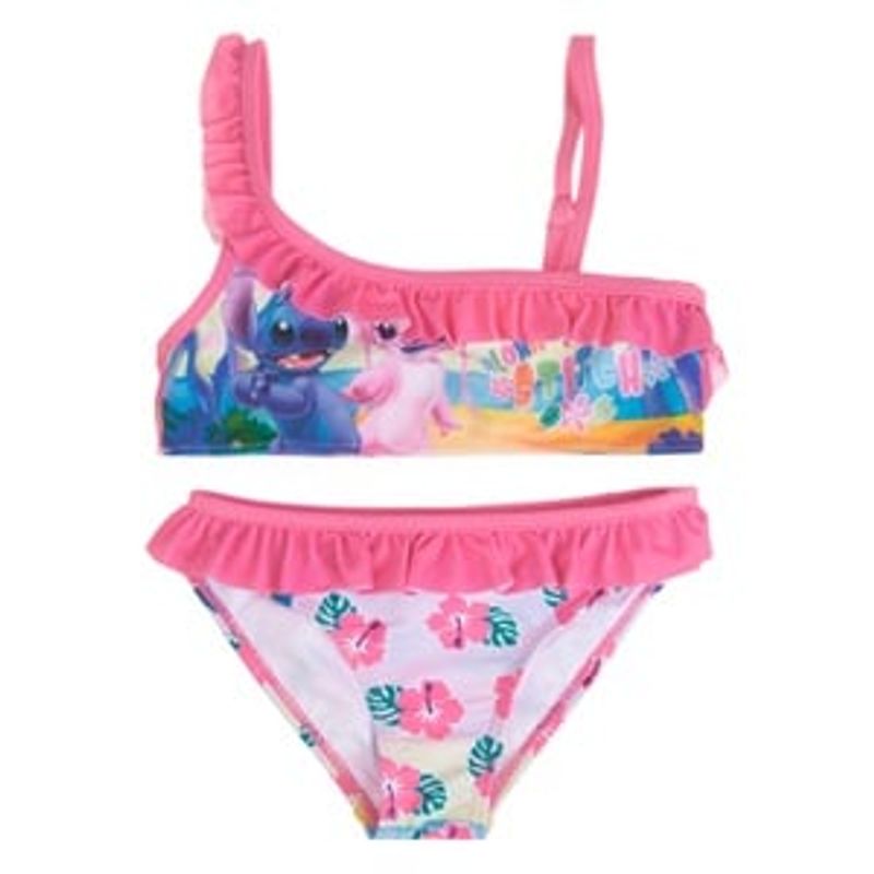 Fashion, accesorii si bijuterii - Copii - Lenjerie si pijamale copii - Costume de baie copii - Costum de baie cu volan pentru copii, roz, cu imprimeu Stitch si flori - Infinity.ro