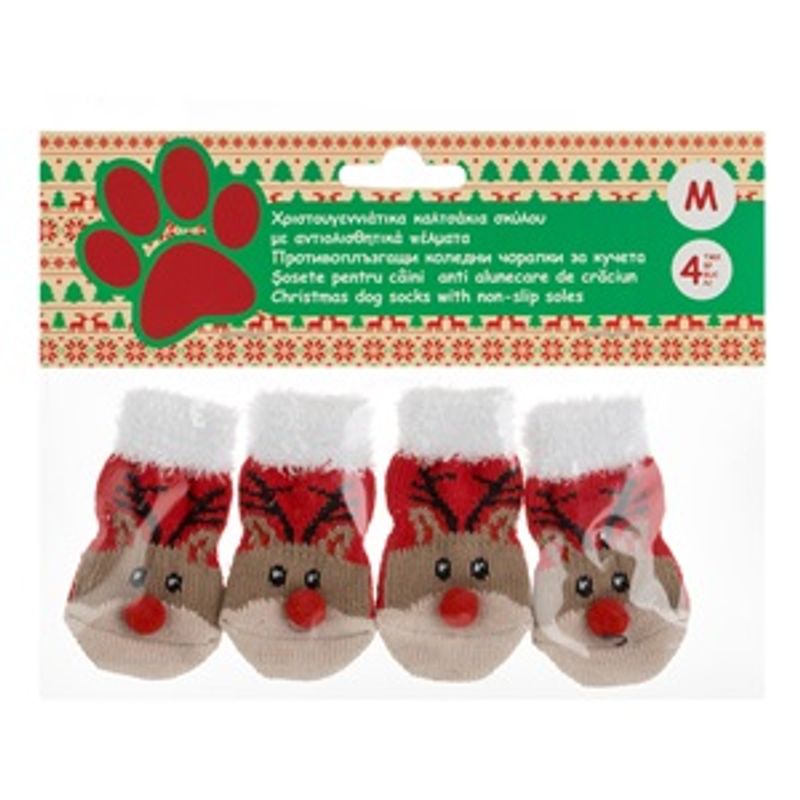 Petshop - Articole imbracaminte - Haine animale - Sosete de Craciun pentru Animale de Companie, Model Ren, 4 buc, Maro/Rosu/Alb - Infinity.ro