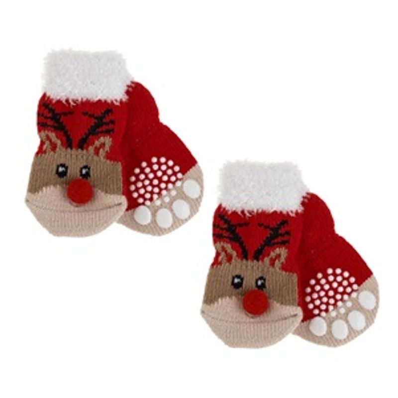 Petshop - Articole imbracaminte - Haine animale - Sosete de Craciun pentru Animale de Companie, Model Ren, 4 buc, Maro/Rosu/Alb - Infinity.ro